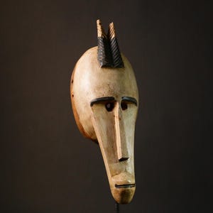 Elongated African mask Bambara carved wood tribal wall sculpture with horned crest minimal geometric face design ethnic collectible-G3379