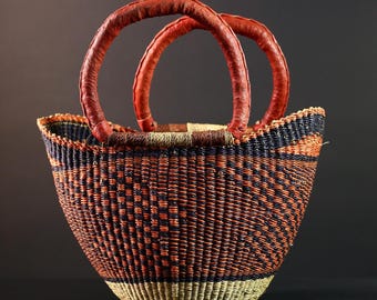 Large African Bolga Basket Handwoven Straw Tote with Red Leather Handle for Market Shopping Storage Ghana Orange Home Organizer Decor G5630