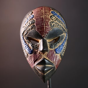 decorative african mask dan style tribal art face wall sculpture geometric carved mask red blue wall decor handmade wood mask-G5411