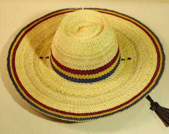 アフリカ　フラニ族　円錐　帽子　麦わら帽子　ヴィンテージ　ハンドメイド ヴィンテージアフリカンストローハット：フラニ族の織物アート、レザー