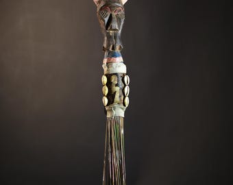 Vintage Yoruba Flywhisk: Nigerian Tribal Figure Handle, Ceremonial Art-G4749