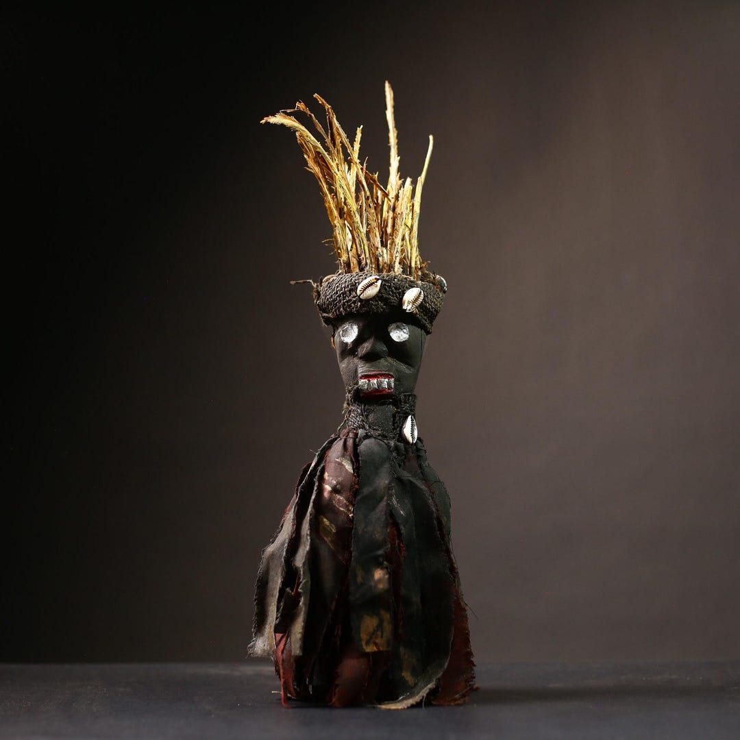 West African Ritual Doll, Raffia Headdress, Tribal Fetish Figure-g4486 ...