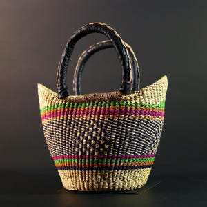 Bolga Basket Ghana Słomiana Torba Targowa Afrykański Tribal Decor Tkana Torba Do Przechowywania Naturalny Skórzany Uchwyt Organizer Kolorowy Rzemiosło Sztuka G5608