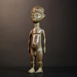 African statue Ashanti carved fertility figure with ringed neck and smooth belly for symbolic home decor or spiritual shrine display-G4845