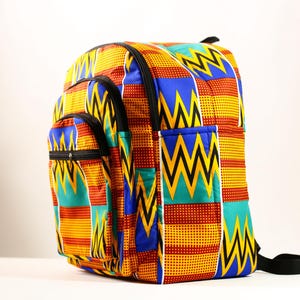 Sac à dos tribal coloré cartable africain imprimé kente en tissu fait main avec zigzag jaune et tissu ciré-G4275