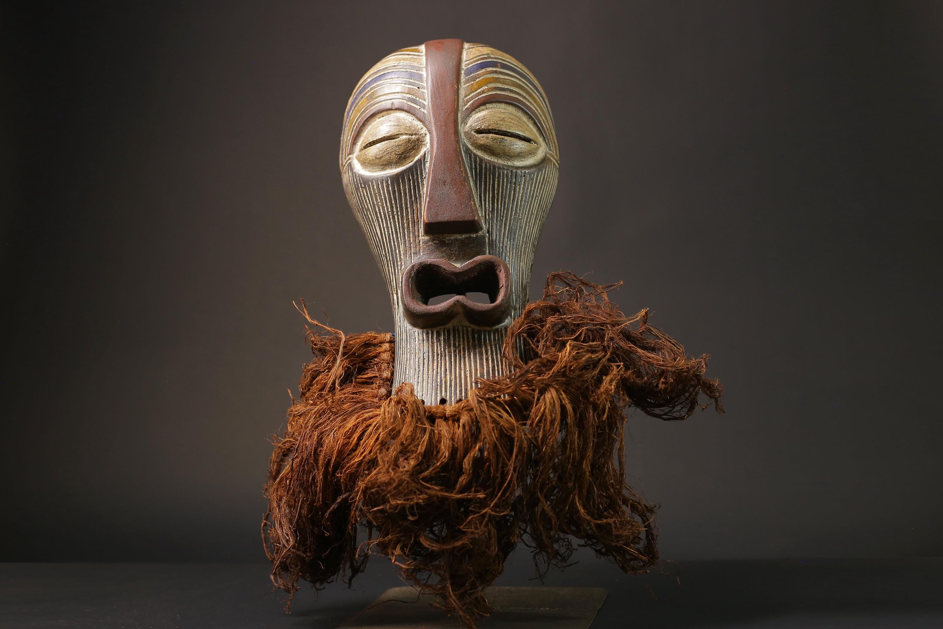 African Songye Tribal Mask with Raffia Beard Hand Carved Wood Sculpture West Africa Ceremonial Art Vintage Cultural Home Decor-G2631