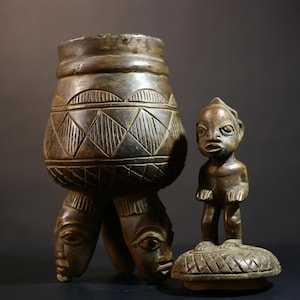 Luba Carved Wood Memory Vessel with Human Figure & Tripod Face Sculpture African Ethnic Home Decor Collectible Art Piece-G4984