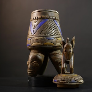 African Yoruba Vintage Figure with Carved Animal Lid and Human Heads Tribal Wooden Art Sculpture Home Decor Collectible-G5149