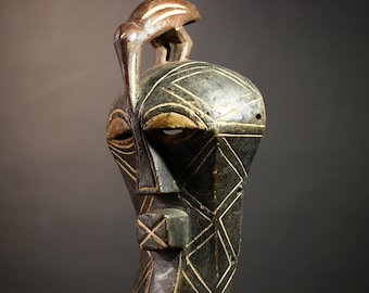 African tribal mask, Songye Kifwebe bird mask from Congo, carved geometric wall sculpture, spiritual wood decor, ancestral ritual face-G4642