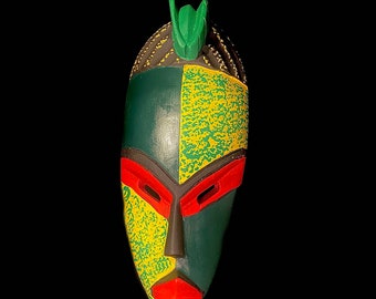 African mask, special handmade in special traditional colors green and yell-6119