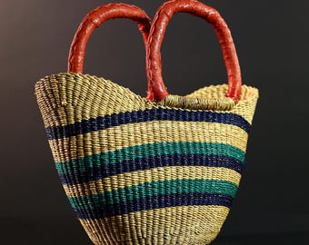 Cesta de mercado africana tejida a mano Bolga Tote Bolso de paja tejido Boho Beach Storage-G5593