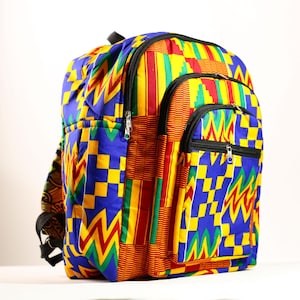 Cartable tribal sac à dos africain imprimé kente avec tissu wax audacieux fait main au ghana sac de voyage coloré design ethnique-G4305