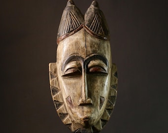 African Mask Vintage Guro Hand Carved Wooden Face Decor | Authentic Tribal Art from Liberia | Unique Cultural Wall Decor -3357