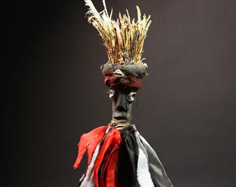 African Nkisi Nkondi Figure, Congo Tribal Protective Doll, Voodoo Relic Art (15.7 in)-G4525