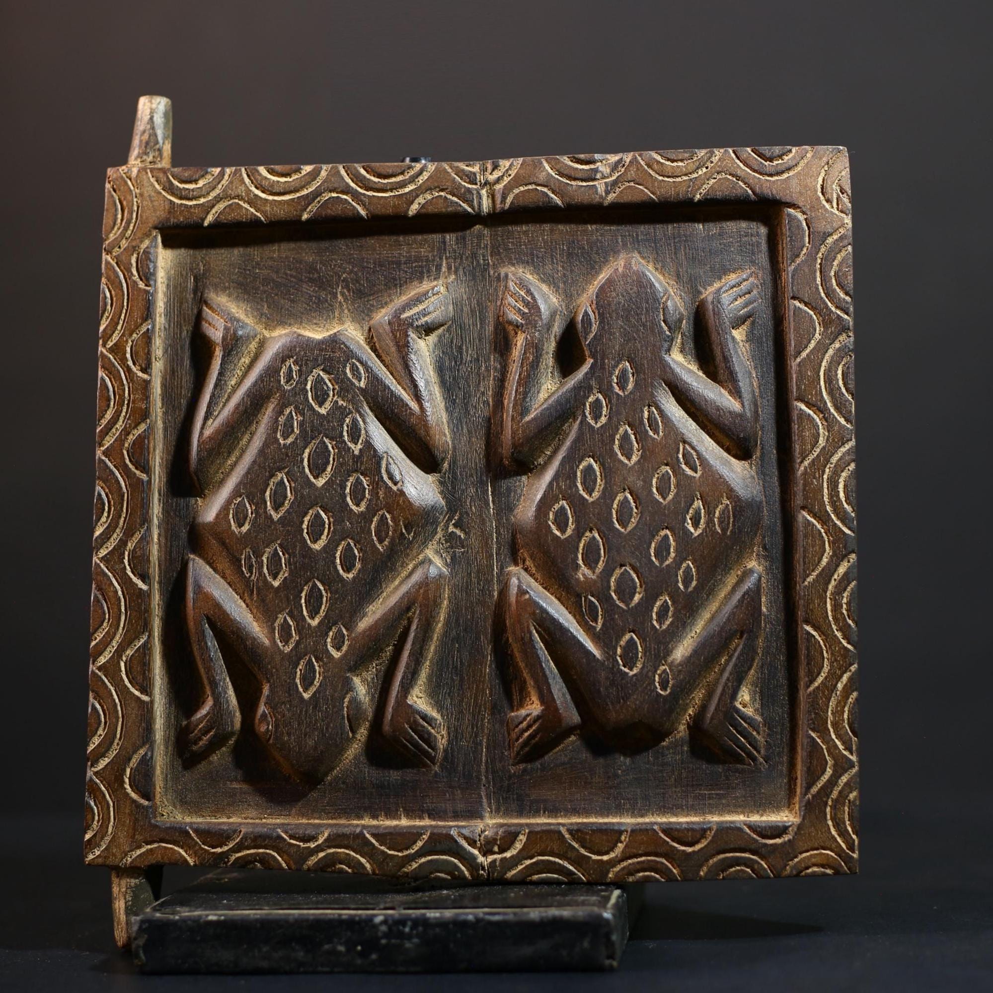 Carved Wood Granary Door Panel: Twin Frog Relief, African Tribal