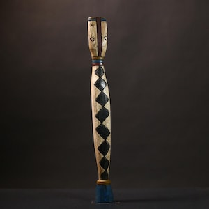 African Lega Bwami Diamond Ritual Staff, Congo Tribal Wooden Wand Sculpture, Hand-Carved Black-White Decort-G1687