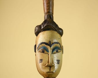 African Vintage Tribal Mask Hand-Carved Wood Painted Cream & Blue Wall Art-G6038