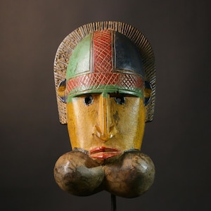 African mask Makishi Chokwe tribal carved helmet wood art wall decor from Zambia Congo ritual ceremony piece handcrafted sculpture-G3491