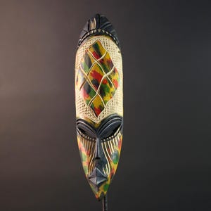 African wall mask decor hand carved tribal face mask multicolor wood mask narrow boho wall art African home accent wall hanging G5504