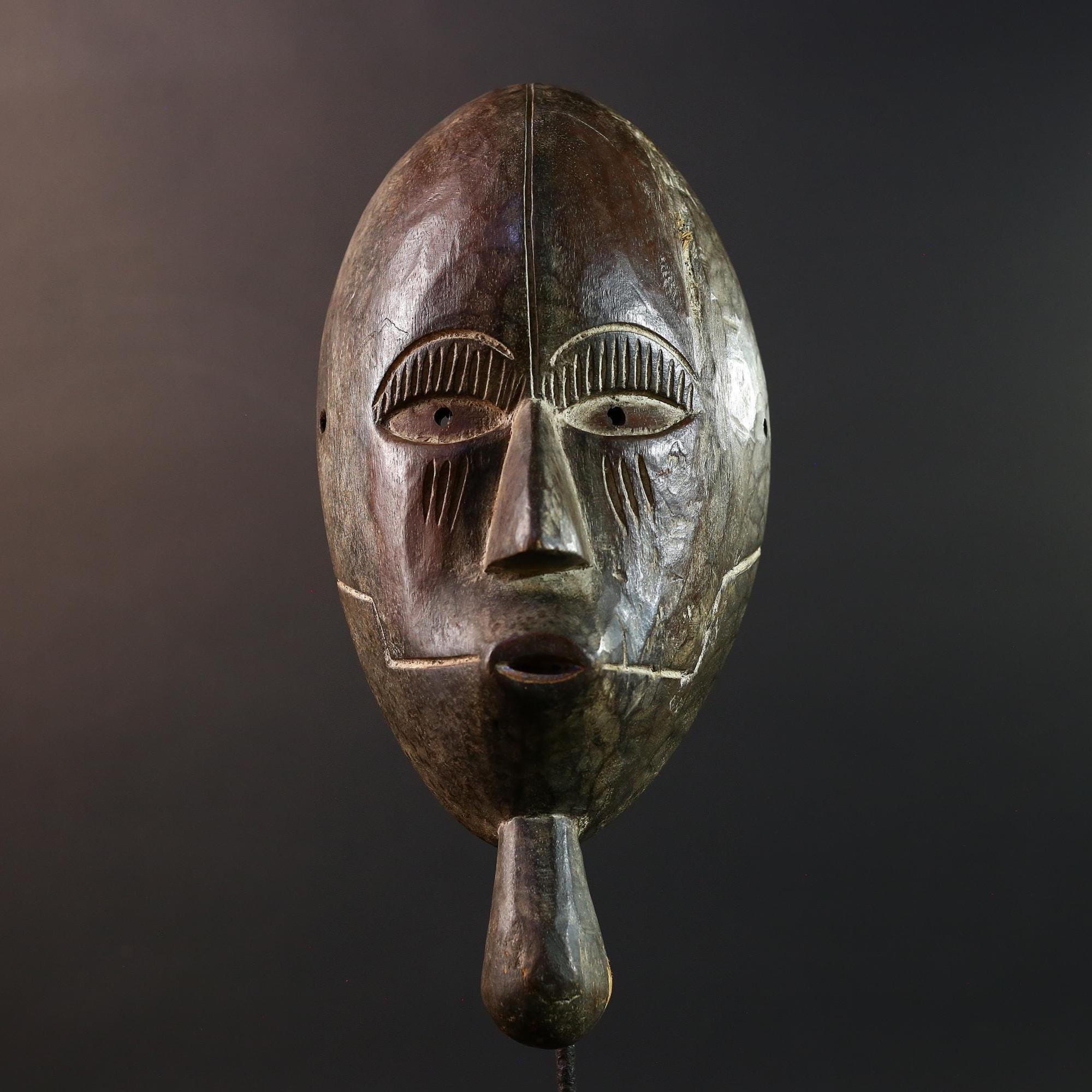Dan tribal mask African carved wood wall decor with chin extension from Côte d’Ivoire Liberia ceremonial rustic art face carving-G5436