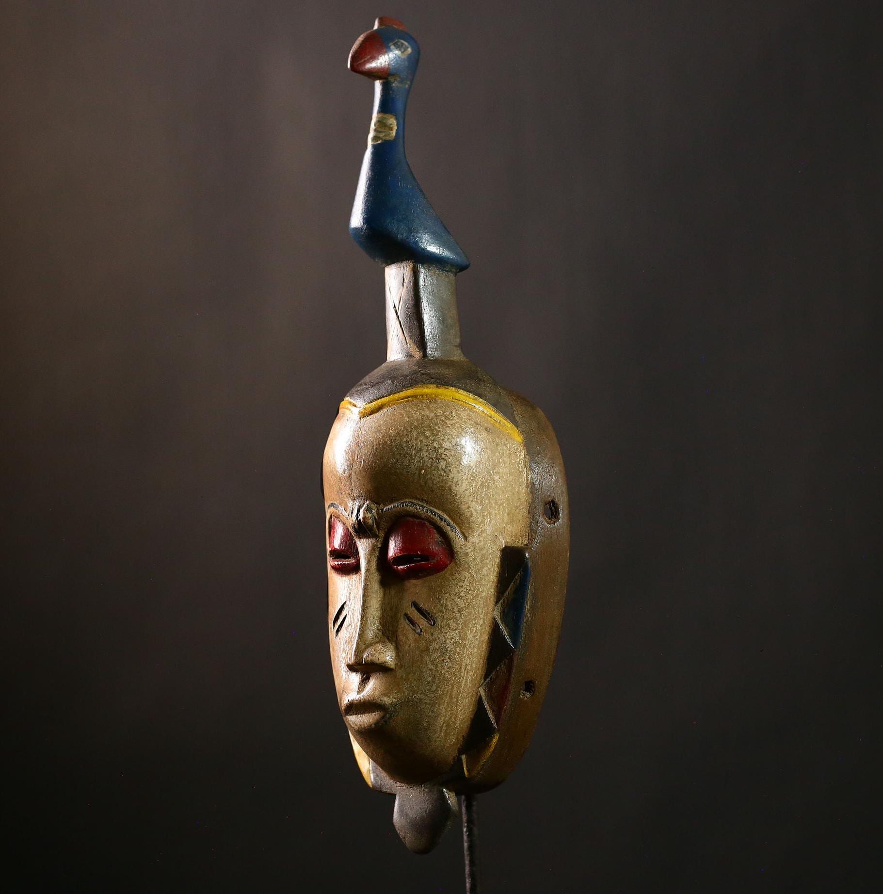 African Guro Tribal Mask Bird Crest Carved Wood Face Ivory Coast Wall Art Ethnic Decor Handcrafted Sculpture Vintage Collectible G4103