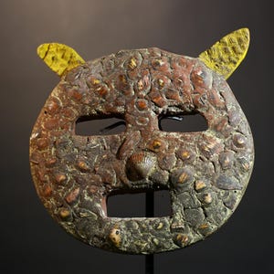 African tribal wall mask bwa animal spirit face with embedded shell texture handmade wood carving from burkina faso west africa-G1482
