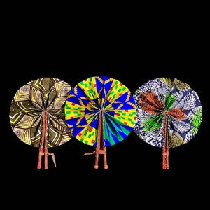 african 3 folding fan set handmade ankara fabric fans with leather handles tribal print decor gift colorful kente pattern art-7665