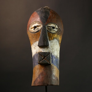 African mask Songye tribal wall decor multicolor carved wood sculpture with cross mouth bold painted face ethnic spirit art-G1910