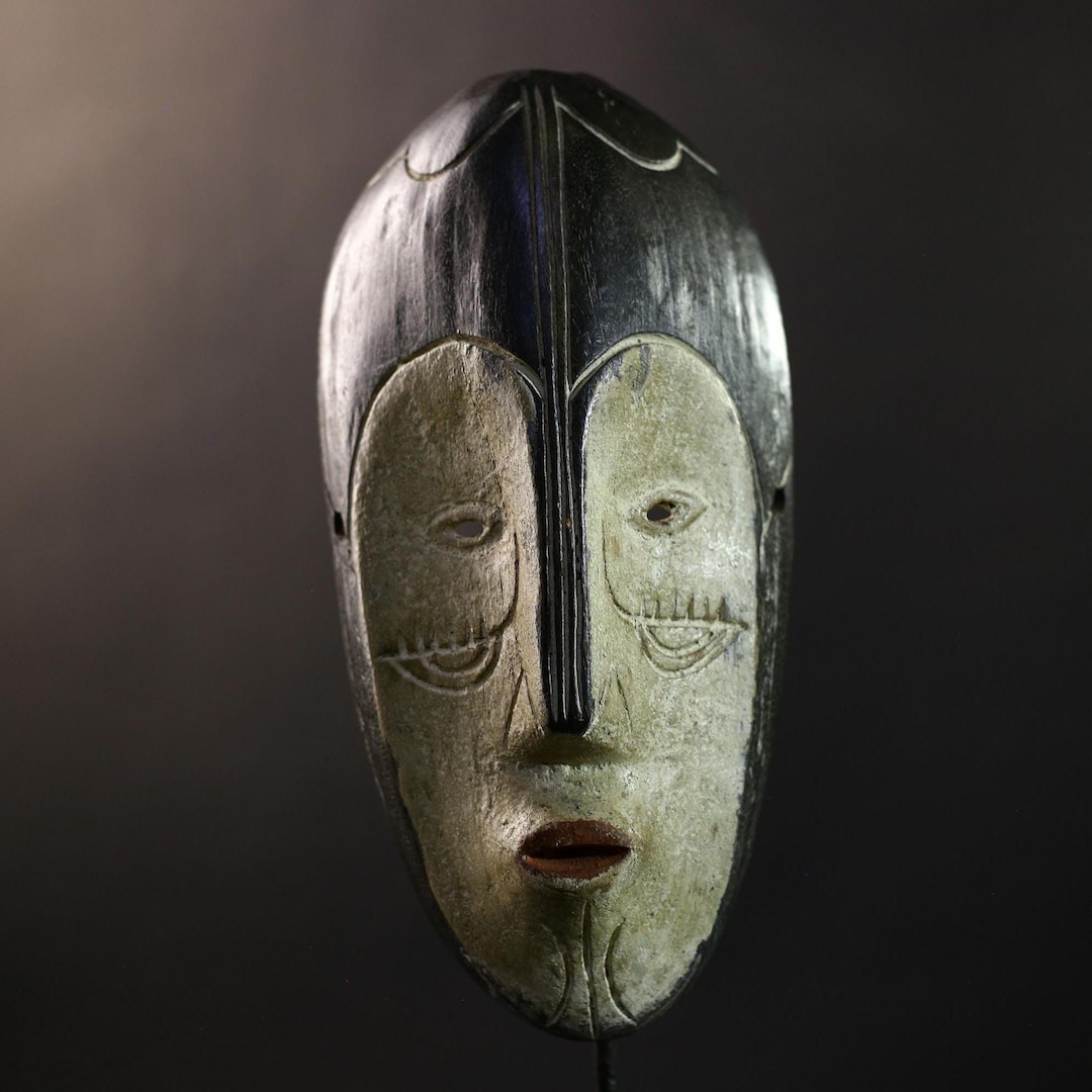 African Fang Ngil Mask, Black & Kaolin Split Face Wall Décor, Gabon ...