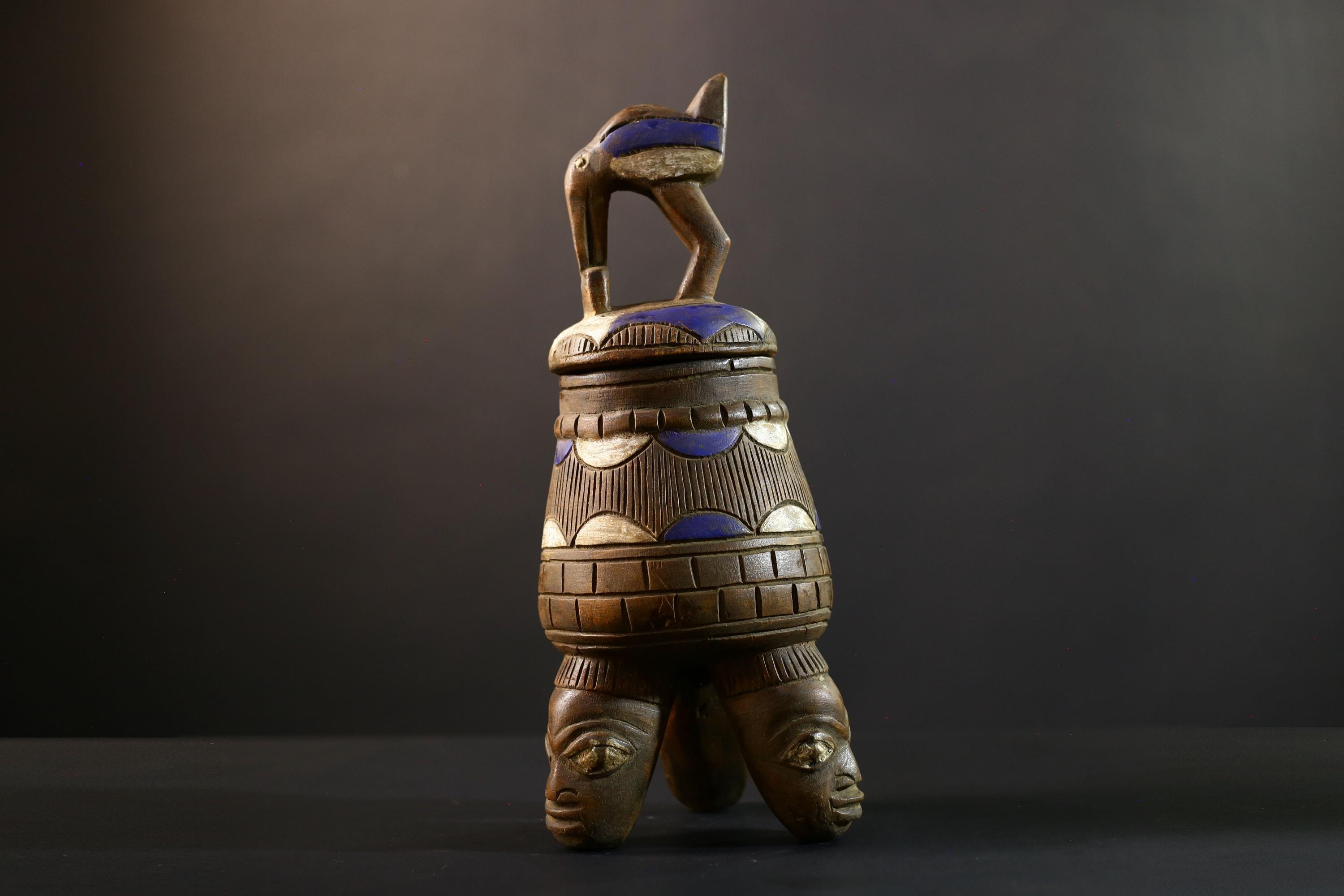 アフリカン・ルバ彫刻占い器：コンゴ部族芸術（41.3/17.5 cm）-G5357