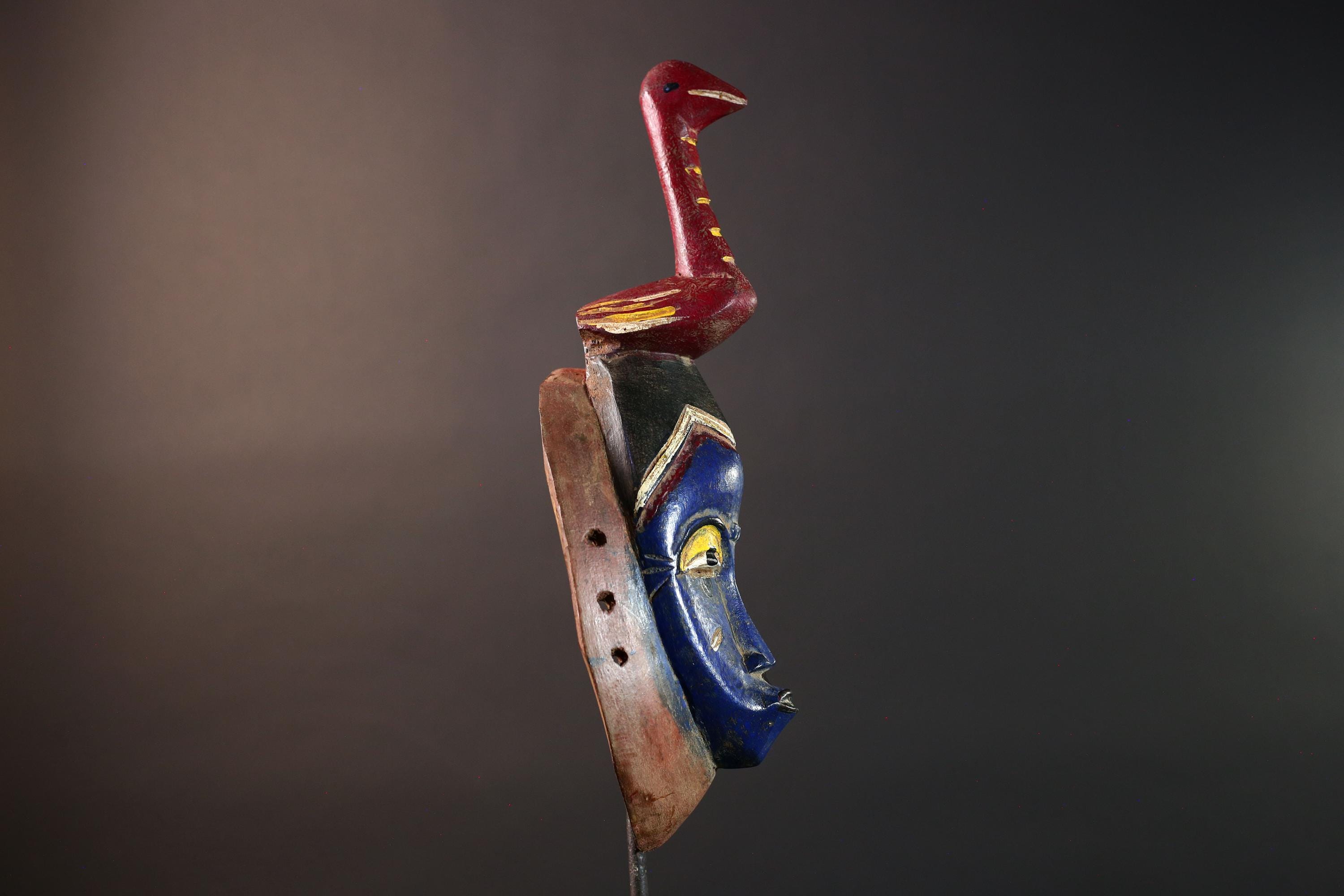 手彫りのバウレマスク：アフリカの部族芸術、青い顔の鳥の彫刻-G5669