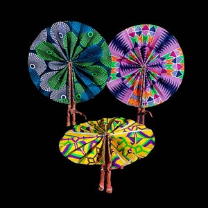 Set of 3 african folding fan set handmade ankara fabric fans with leather handles tribal print decor gift colorful kente pattern art-7665