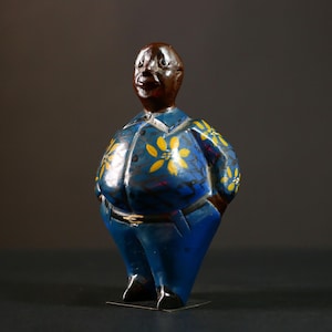 Hand Carved African Figure Blue Shirt Yellow Floral Pattern Folk Art Sculpture Tribal Decor Ethnic Carving Handmade Collectible-G4266