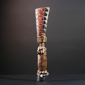 African carved sculpture tribal female wood statue scarified figure natural finish beaded waist crest art fertility ethnic decor-G5509