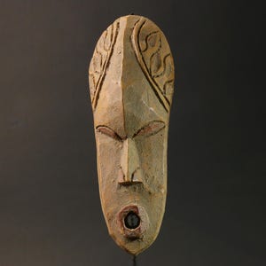 African Ngbaka Initiation Mask | Elongated Face Mask DR Congo | Hand-Carved Tribal Wall Art | Minimalist Wood Mask O-Shaped Mouth-7561