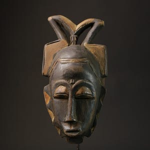 African Baule Tribal Mask with Upward Double Crest - Handcarved Wooden Wall Art Sculpture from West African Cultural Traditions-7292