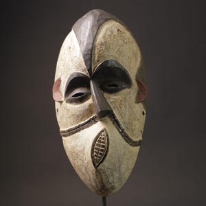 African tribal Igbo mask carved wood face black white paint Nigeria wall hanging art home decor vintage African sculpture-7152
