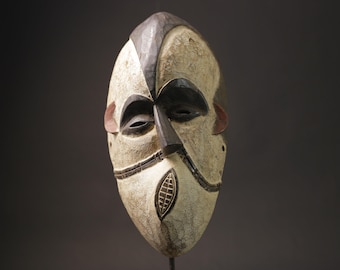 African tribal Igbo mask carved wood face black white paint Nigeria wall hanging art home decor vintage African sculpture-7152