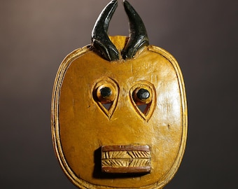 African Bwa mask wall decor tribal wood mask with horns handcarved Burkina Faso ethnic art piece traditional wall hanging sculpture-G4587