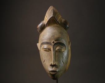 Vintage African Baule Mask: Carved Wood Tribal Art, West Africa-7313