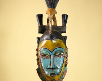 Máscara africana de Guro con cresta de pájaro, tallada a mano, arte tribal, decoración de madera - G6052