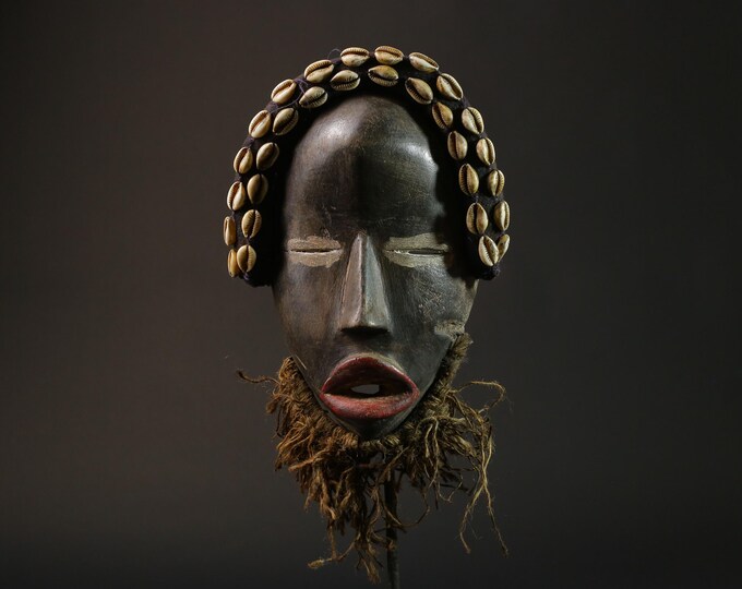 African Dan Mask: Cowrie Shells, Raffia Beard - West African Wall Art ...