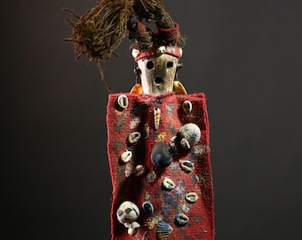 African Nkondi Voodoo Power Figure Carved Wood Ritual Sculpture with Cowrie Shells and Raffia Art Home Wall Decor Collectible Gift-G4225
