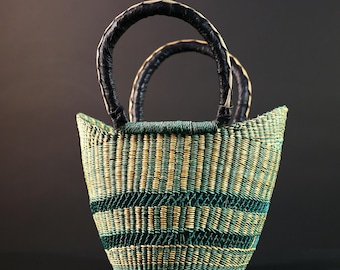 African Bolga basket green natural handwoven market tote bag leather handle Ghana decor woven storage shopping basket art G5626