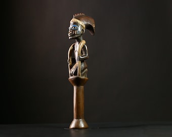 African Luba Staff Figure Carved Wood Blue Eyes Tribal Sculpture DR Congo Ceremonial Staff Art Object Ancestor Figure Decor-G4131