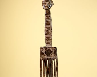 African Carved Wood Statue Comb Geometric Pattern West Africa Tribal Decor-G5894