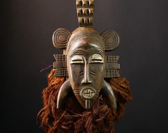 African Senufo Kpelie Mask Carved Wood Tribal Face Ceremonial Decor Ethnic Wall Hanging Handmade Collectible Authentic Art-G3775