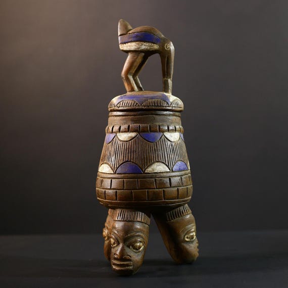 アフリカン・ルバ彫刻占い器：コンゴ部族芸術（41.3/17.5 cm）-G5357