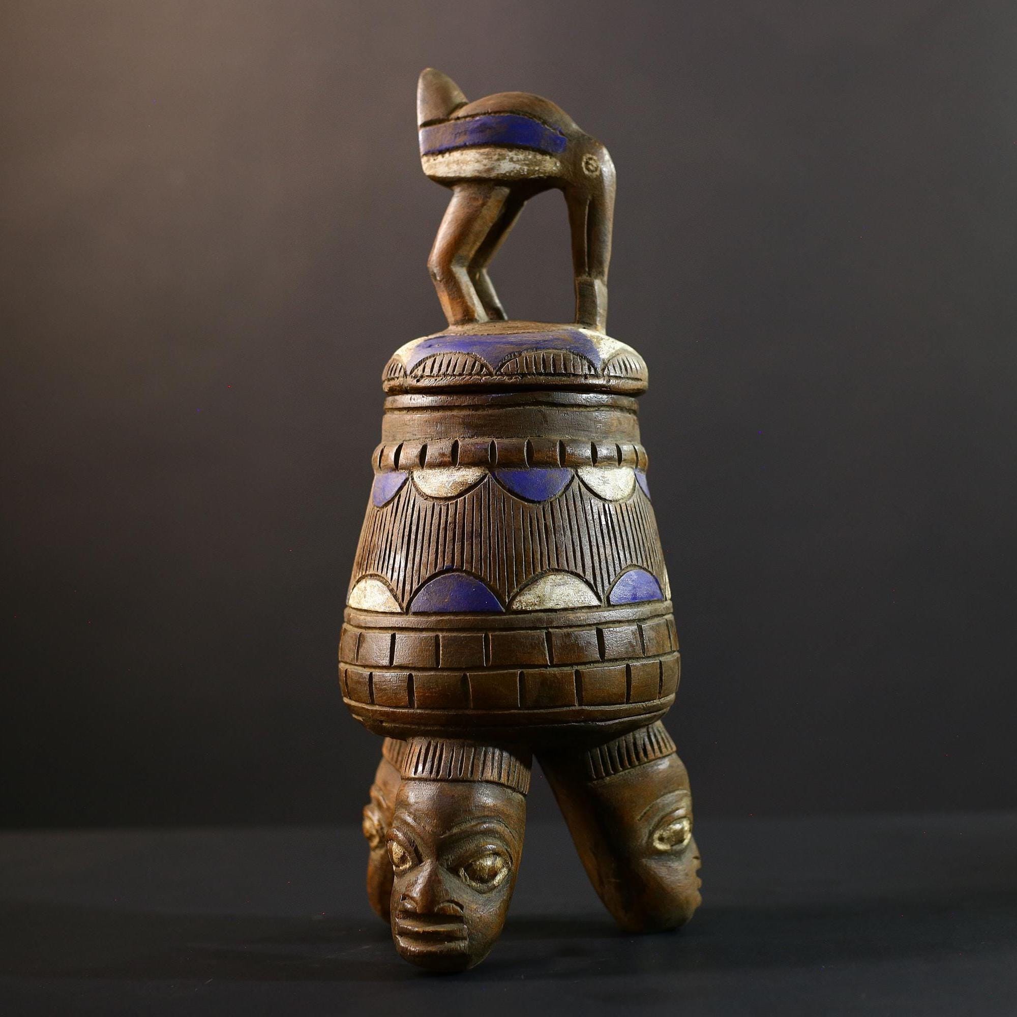 アフリカン・ルバ彫刻占い器：コンゴ部族芸術（41.3/17.5 cm）-G5357