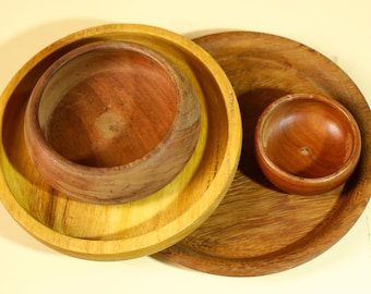 Vintage Carved Wood Bowl Set Rustic Handmade Wooden Kitchen Serving-G5911